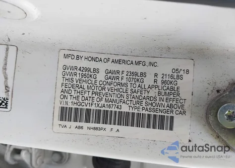 2018 Honda Accord Lx z USA, uszkodzony, nr VIN 1HGCV1F1XJA167743